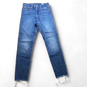 Levi’s button fly white oak cone denim slim straight raw hem Size 26 EUC